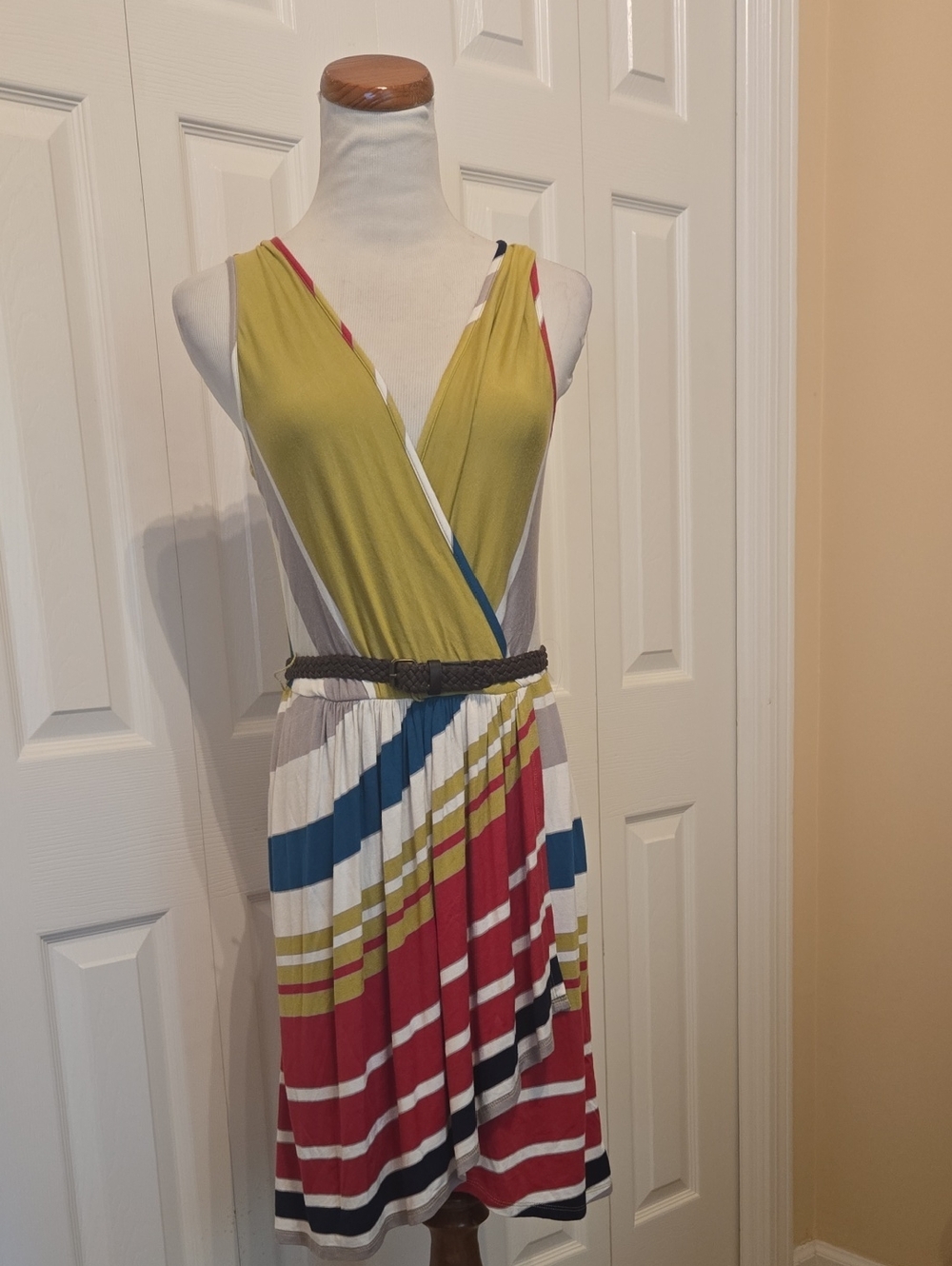 MAX &CLEO Sleeveless Multicolor Striped Wrap Dress - Olive, Red & Blue Sz S